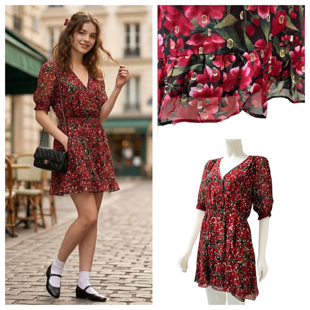 The Kooples Red Floral Metallic Mini Dress French Girl Coquette Paris Size 4